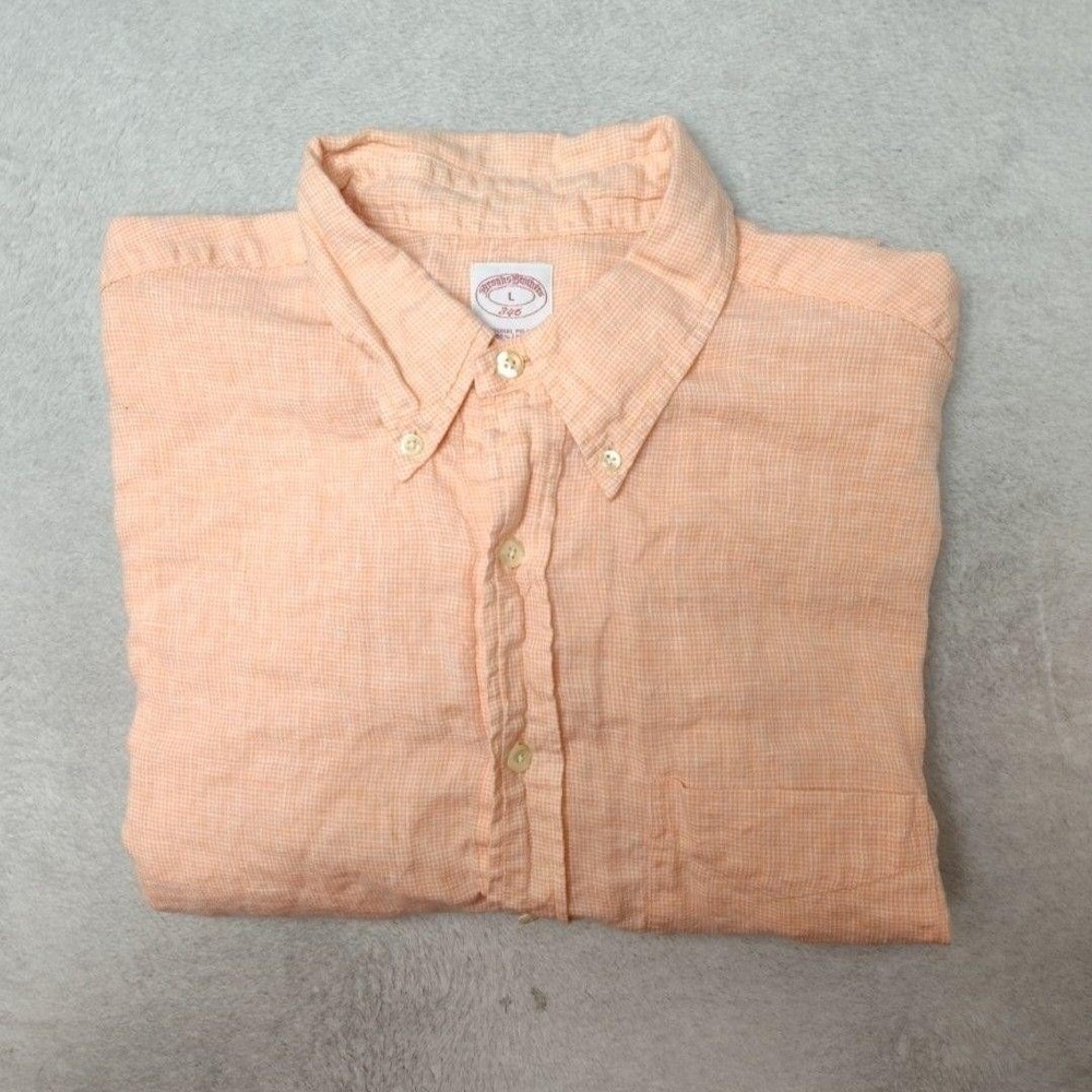 Brooks Brothers Shirt Mens L Orange Plaid Check Linen Button-Up Long Sleeve